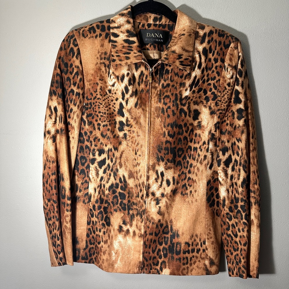 Vintage Dana Buchman Jacket Coat Leopard Print Zip Front Linen Blazer Size 6